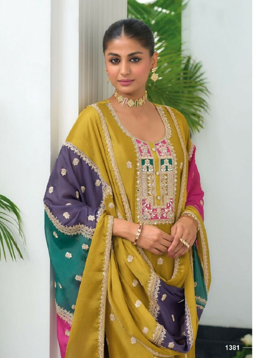 Teeya Creation Yellow Color Chinon Silk Embroidery Work Wedding Wear Designer Salwar Suit | Grocsy