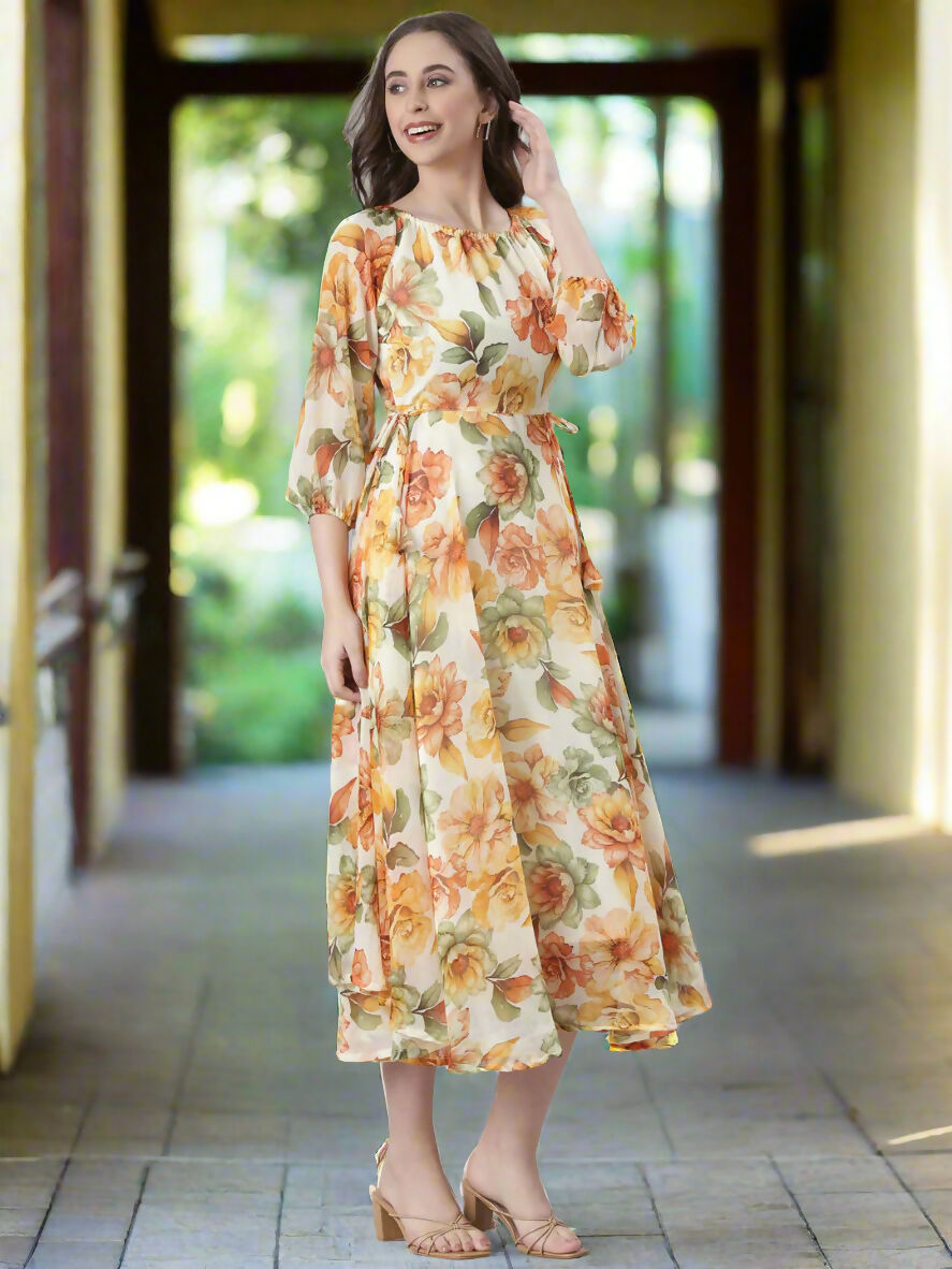Souchii Cream Floral Chiffon Dress | Grocsy