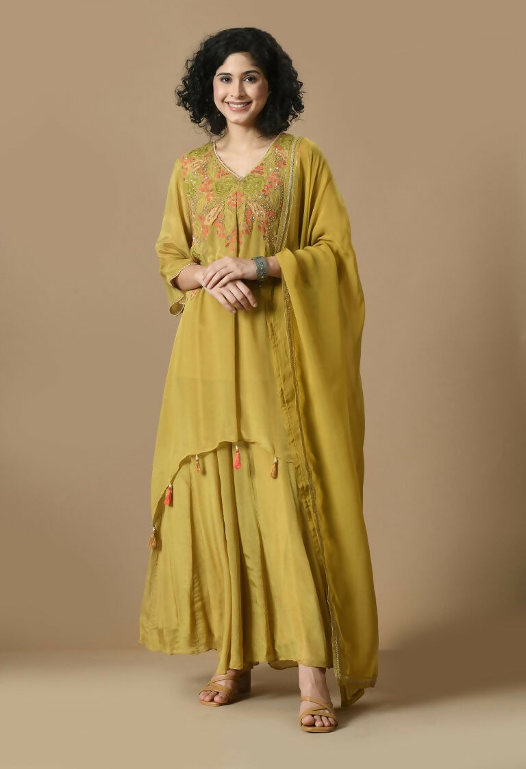Joban Fashion Mehendi Chinnon Kurta Set | Grocsy