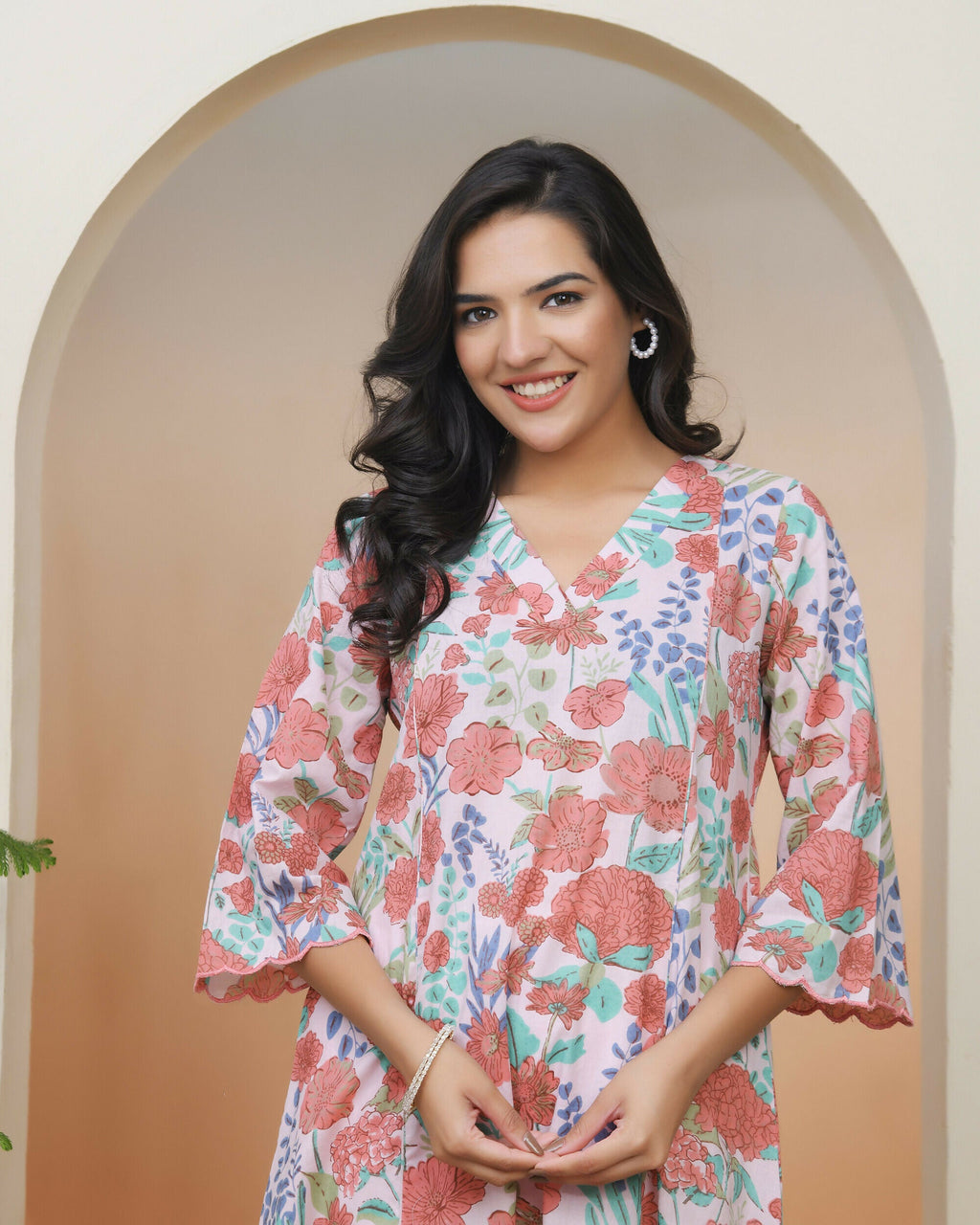 Vaasva Women Peach Floral Cotton Printed Flare Kurti With Pant | Grocsy