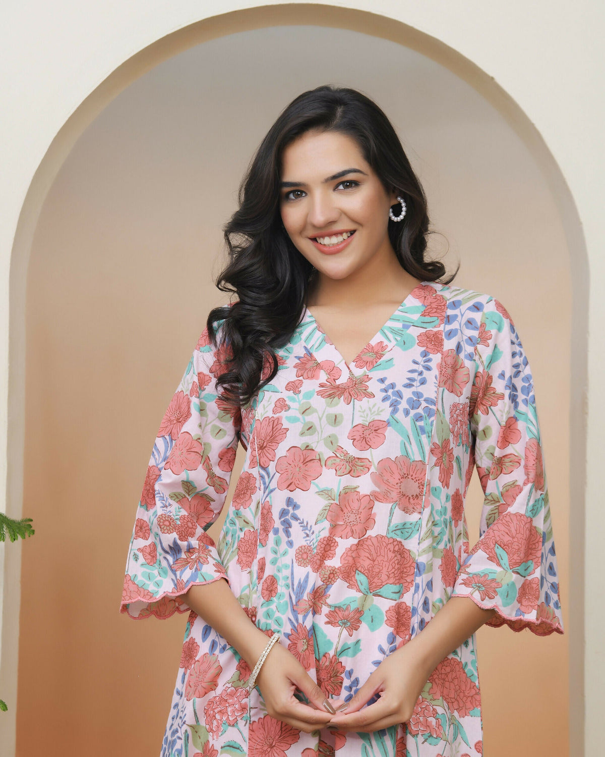 Vaasva Women Peach Floral Cotton Printed Flare Kurti With Pant | Grocsy