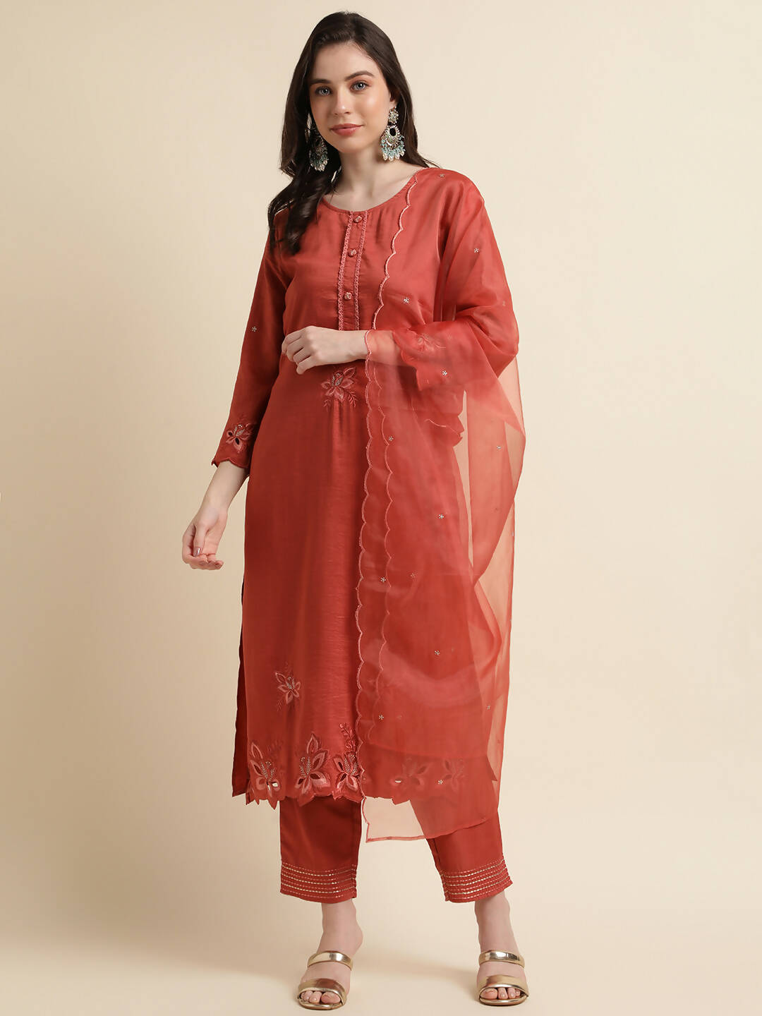 Orange Chinon Silk Embroidered Straight Kurta with Trouser & Dupatta - Salimar | Grocsy