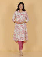 Aramya Pink Linen Cotton Foliage High Low Kurta for Women | Grocsy