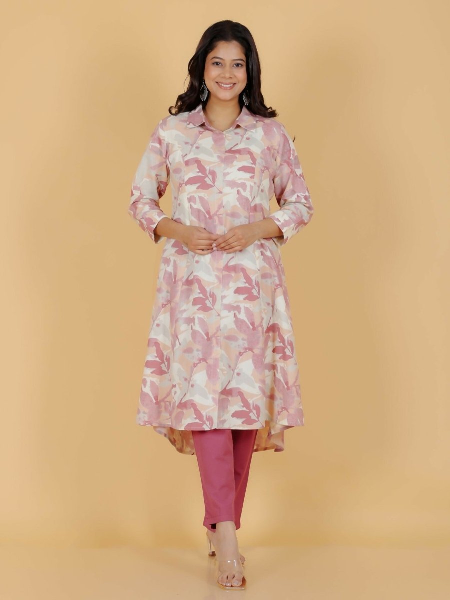 Aramya Pink Linen Cotton Foliage High Low Kurta for Women | Grocsy