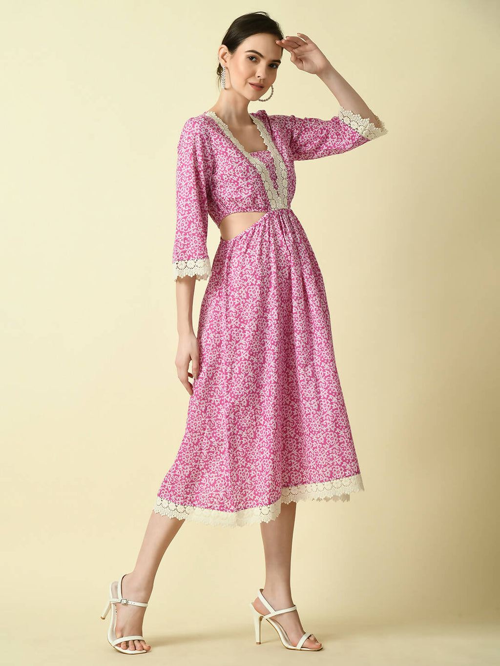 Myshka Women's Pink Floral Printed Fit and Flare Dress | Grocsy