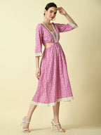 Myshka Women's Pink Floral Printed Fit and Flare Dress | Grocsy