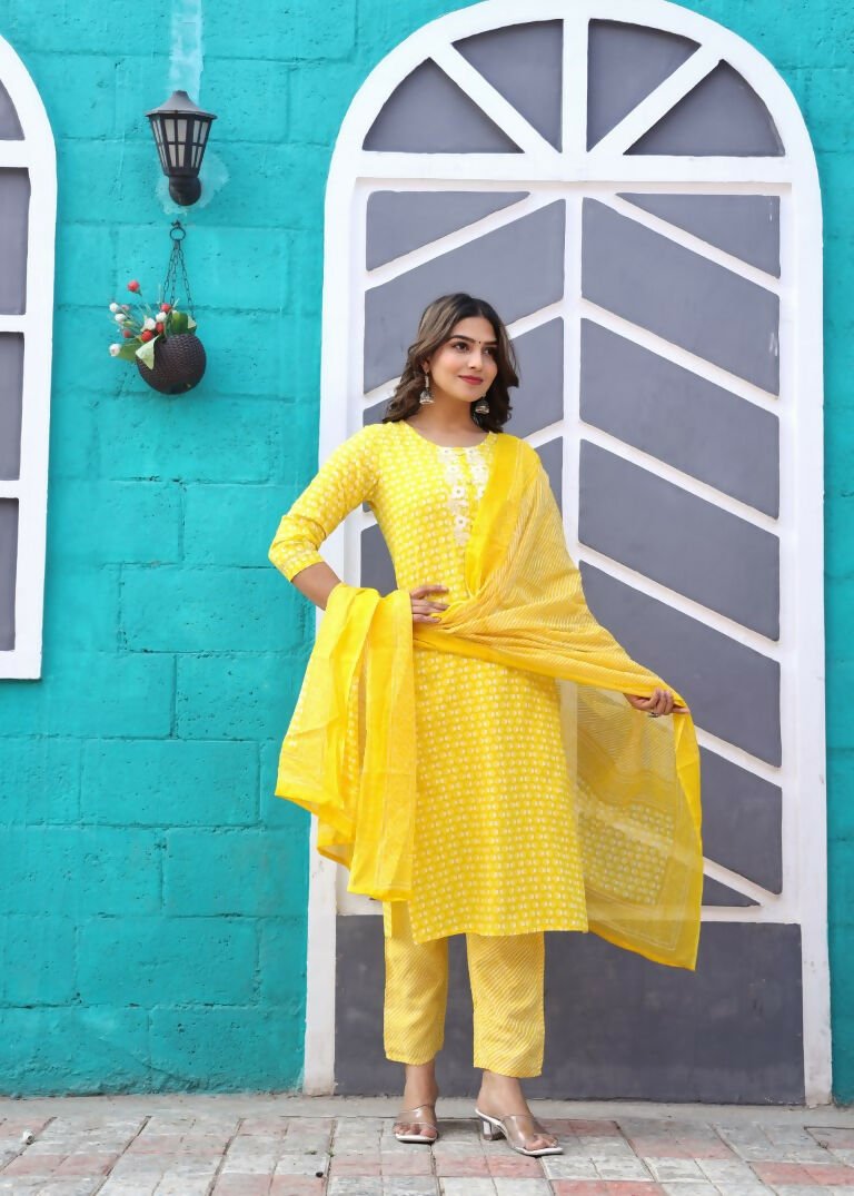 Alvano Printed Beautiful Straight Kurti with Pant and Dupatta set for Women and Girls (Yellow) | Grocsy