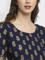 Rudra Bazaar Gold Printed A-Line Blue Kurti | Grocsy