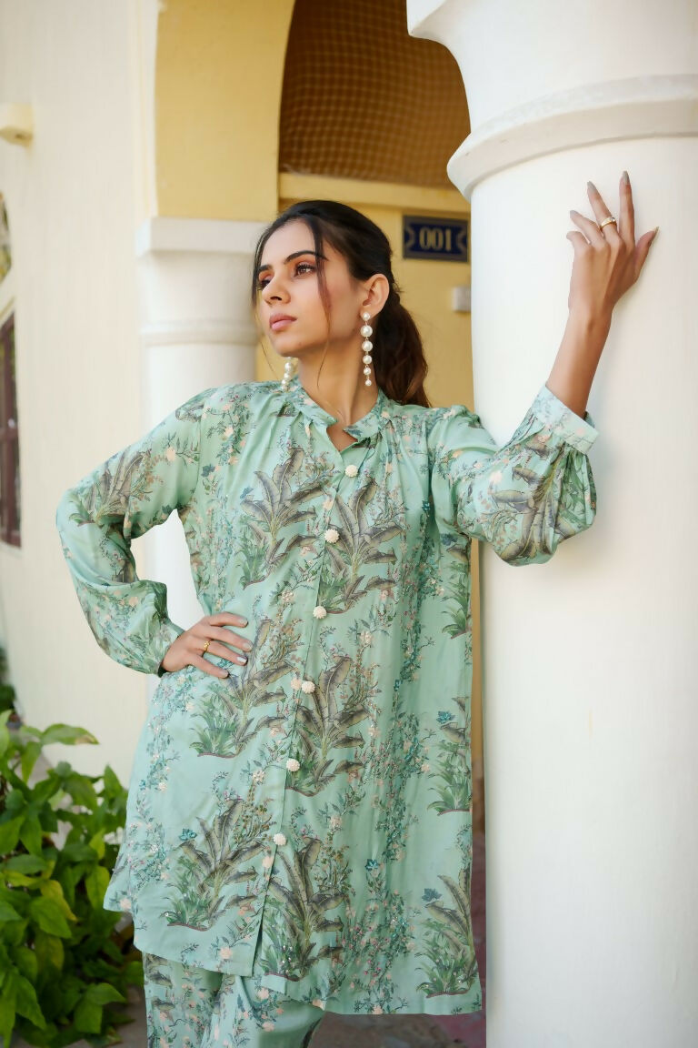 Vaasva Women Sky Blue Muslin Embroidered Shirt & Pant Set | Grocsy