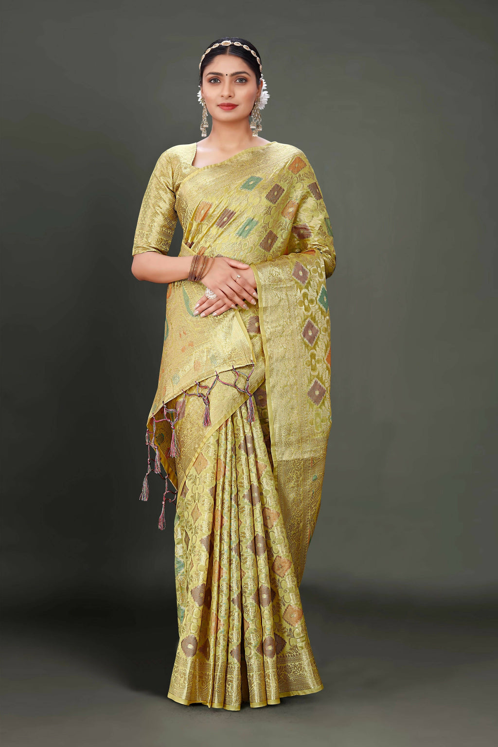 Olive Soft Organza Woven Design Saree With Unstitched Blouse Piece - Zaara | Grocsy