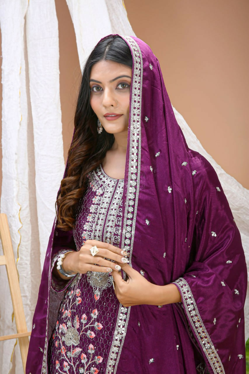 Teeya Creation Wine Color Chinon Silk Wedding Wear Trending Palazzo Set | Grocsy