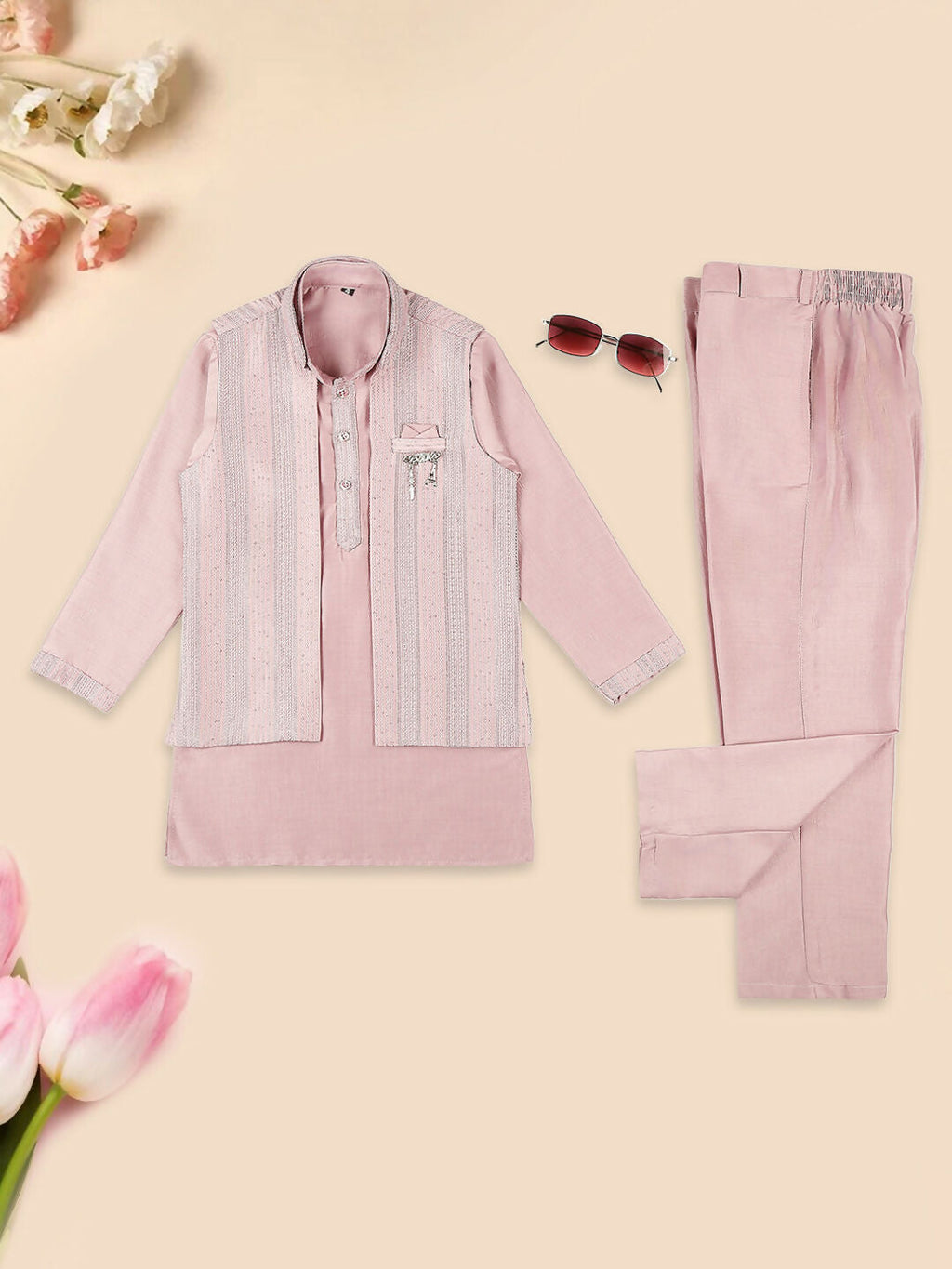 Joban Fashion Kids Island Embroidery Sequence Full Sleeves Kurta, Pyjama Set with Nehru Jacket - Pink | Grocsy