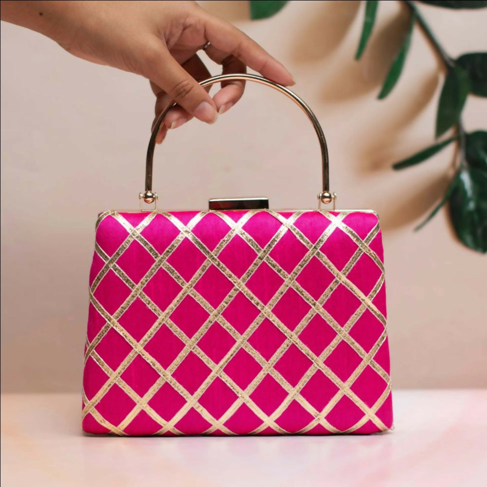 Joban Fashion Gota Patti Fabric Clutch - Pink | Grocsy