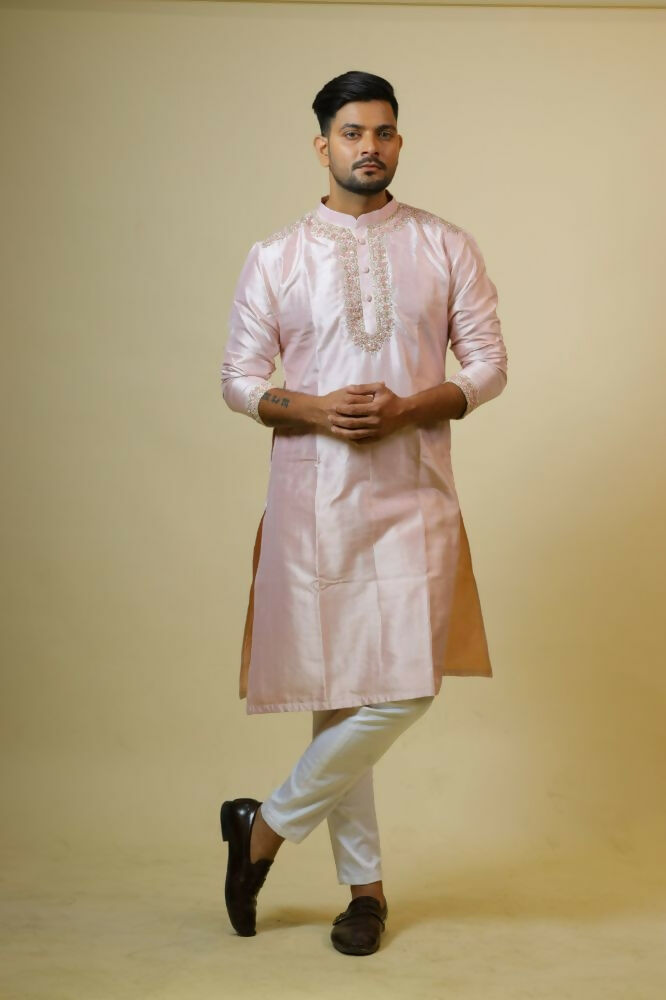 Light Coral Embroidered Collar Designer Kurta by Hilo Design | Grocsy