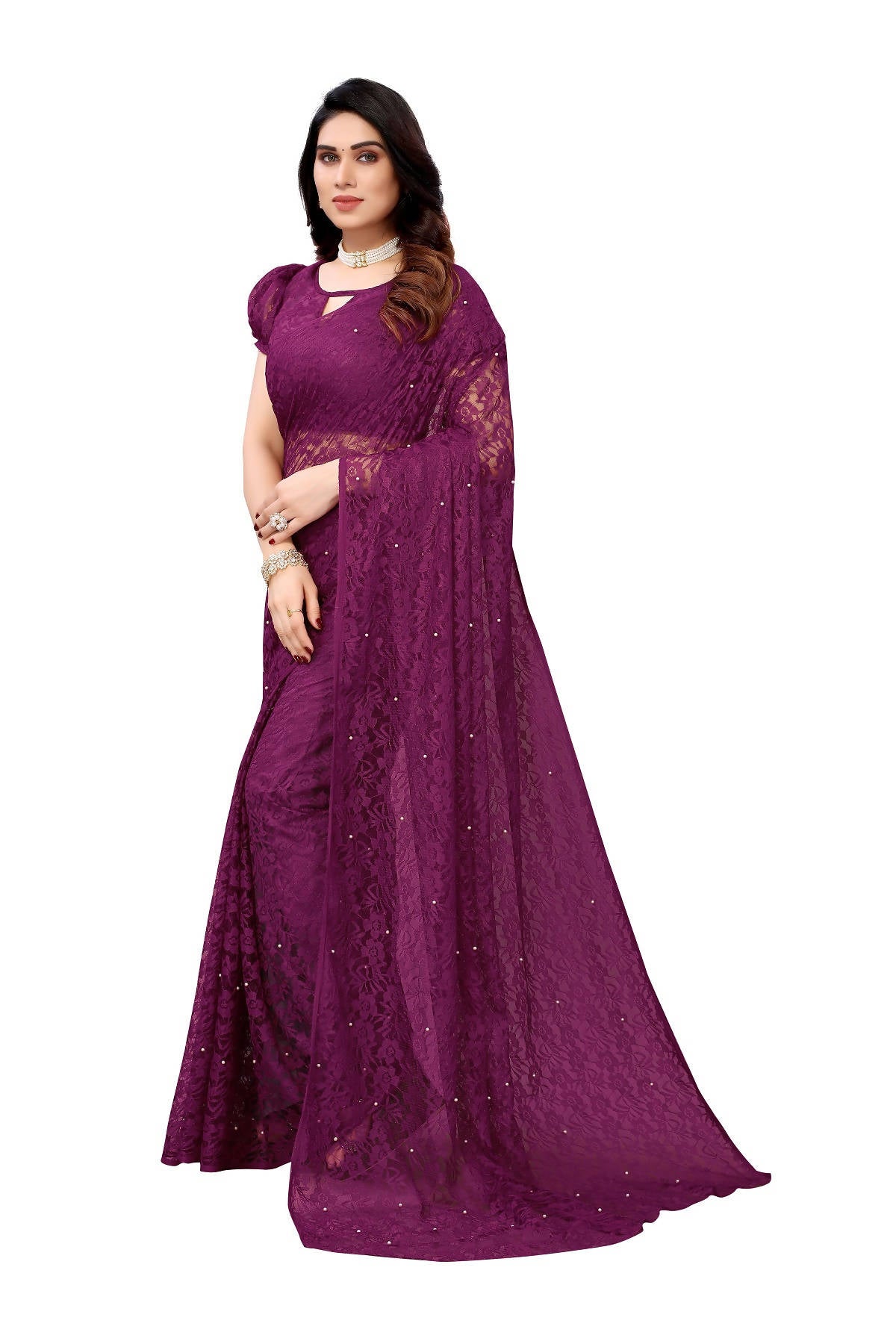 Vamika Ethnic Fire Purple Pearls Net Saree | Grocsy
