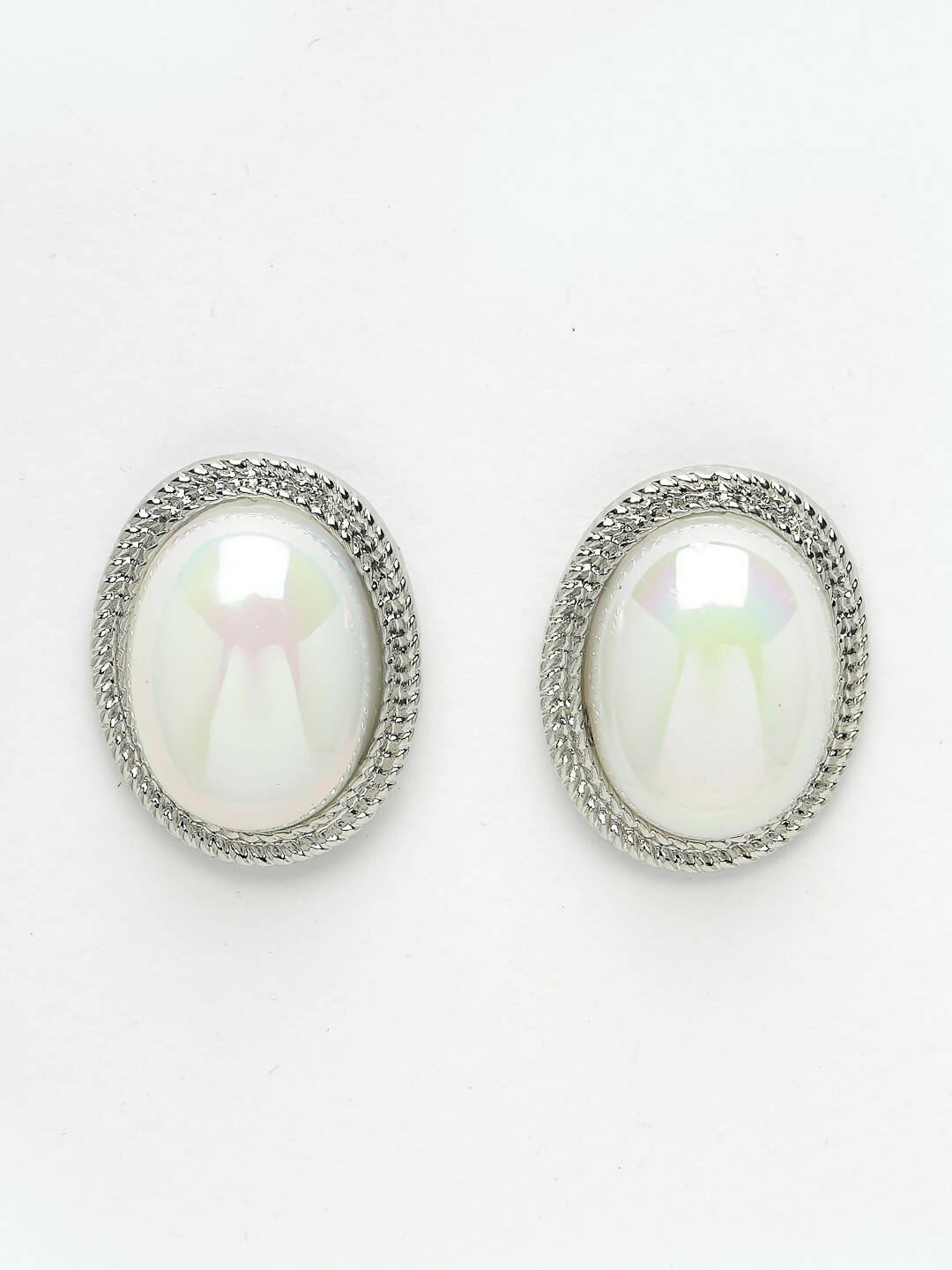 NVR Women's Silver Plated Oval Stud Earrings | Grocsy