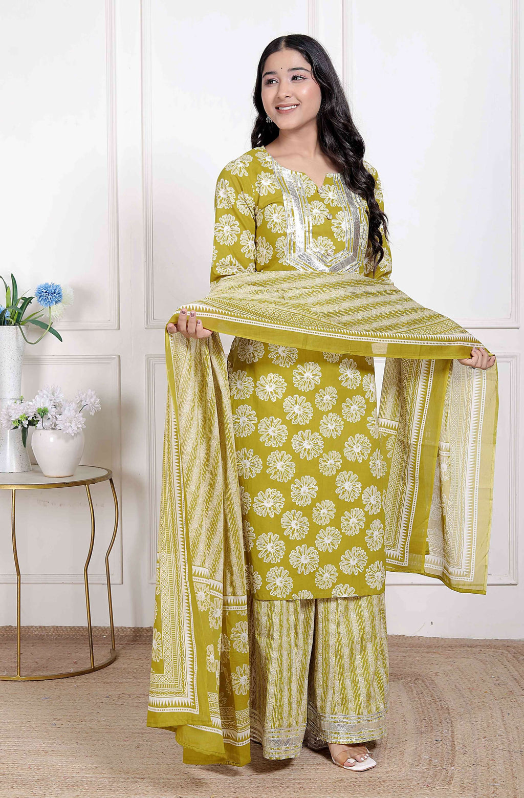 Miravan Women's Lime Yellow Embroidered Straight Kurta with Palazzo and Dupatta | Grocsy