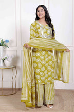 Miravan Women's Lime Yellow Embroidered Straight Kurta with Palazzo and Dupatta | Grocsy