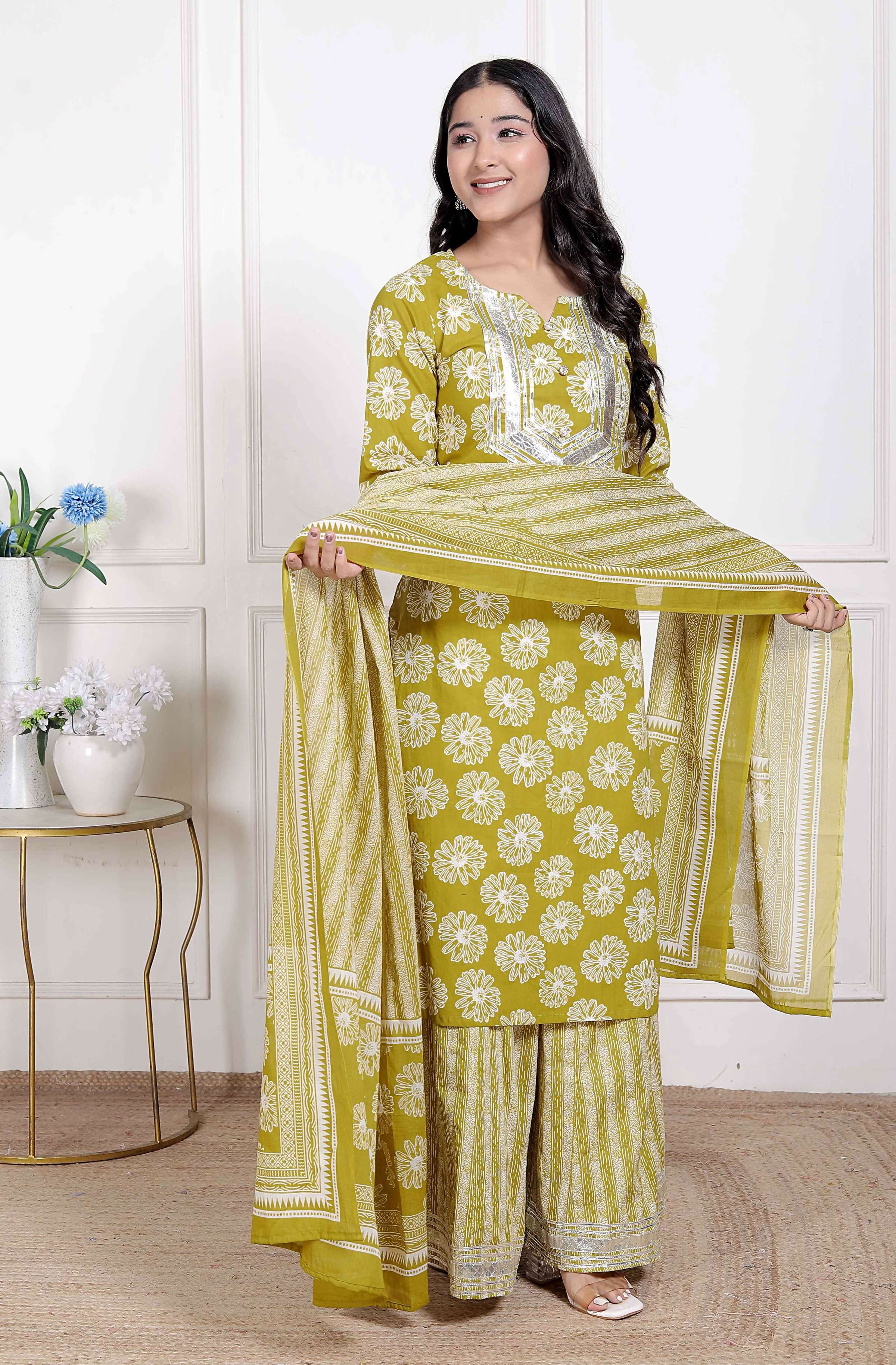Miravan Women's Lime Yellow Embroidered Straight Kurta with Palazzo and Dupatta | Grocsy