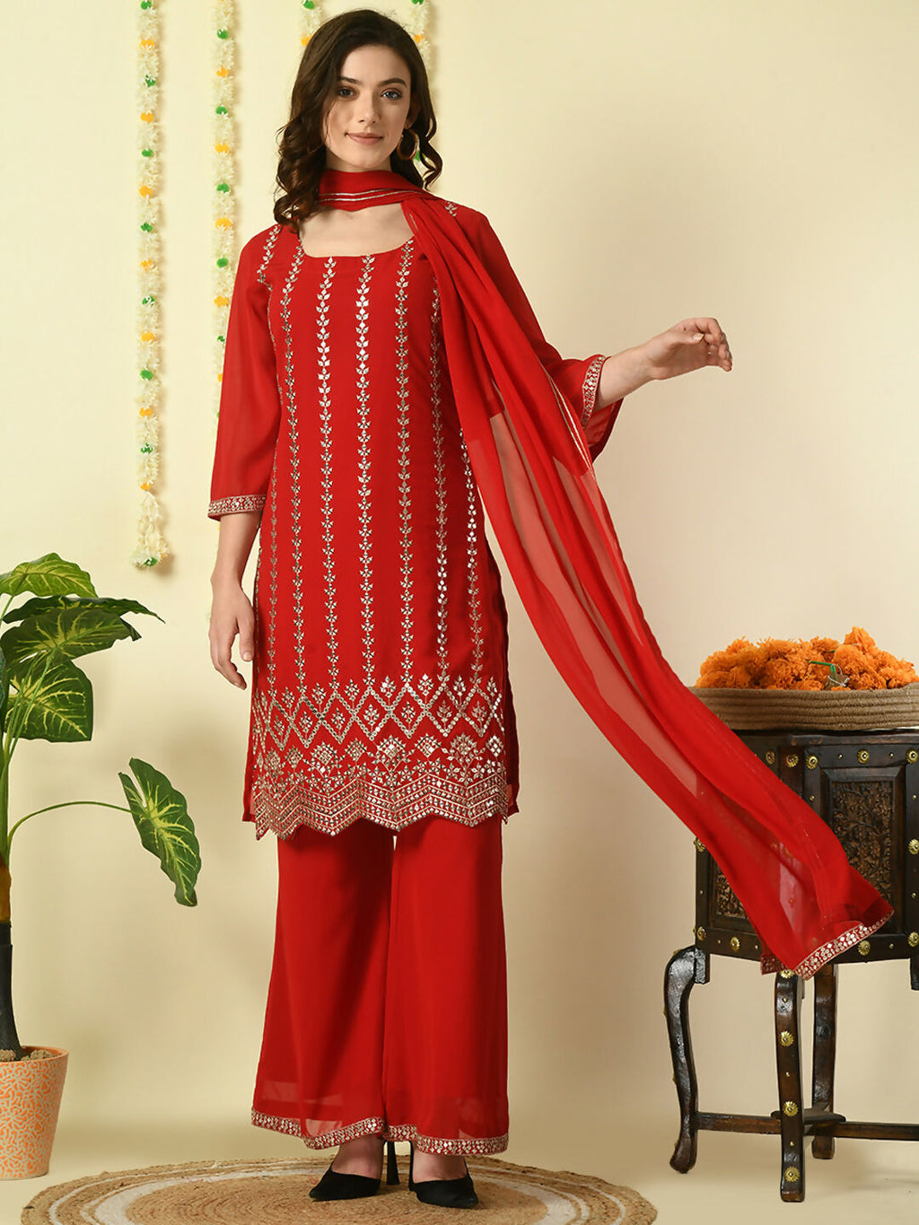 Myshka Women's Red Georgette Kurta & Palazzos With Dupatta Party Sets | Grocsy