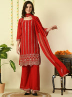Myshka Women's Red Georgette Kurta & Palazzos With Dupatta Party Sets | Grocsy