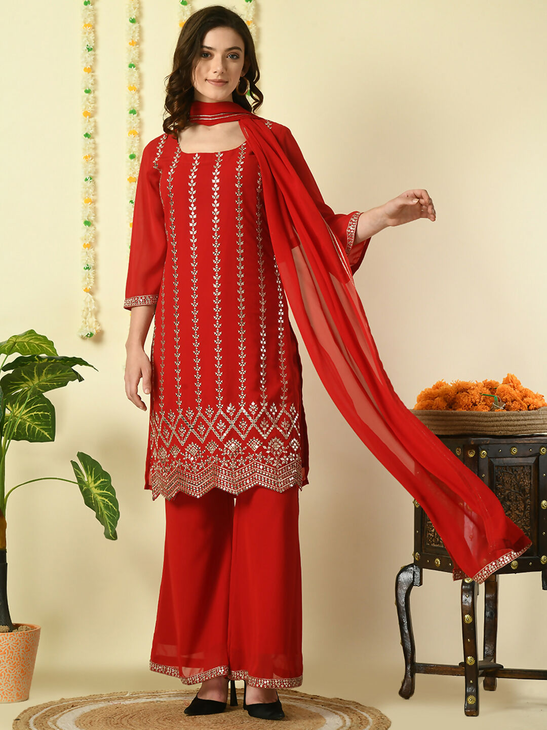 Myshka Women's Red Georgette Kurta & Palazzos With Dupatta Party Sets | Grocsy