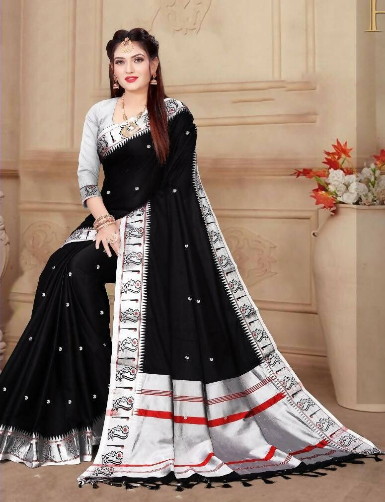 DEIANA'S Beautiful Designer Golden zari Soft Lichi Silk Saree - Black | Grocsy