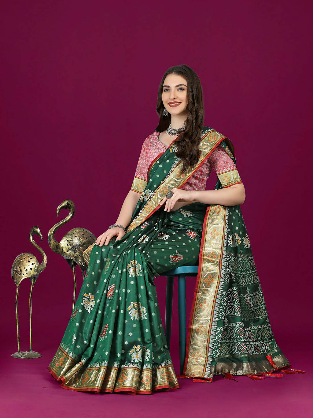 Lorenvalley Fashion Green Patola Silk Woven Design Zari Meenakari Weaving Saree | Grocsy