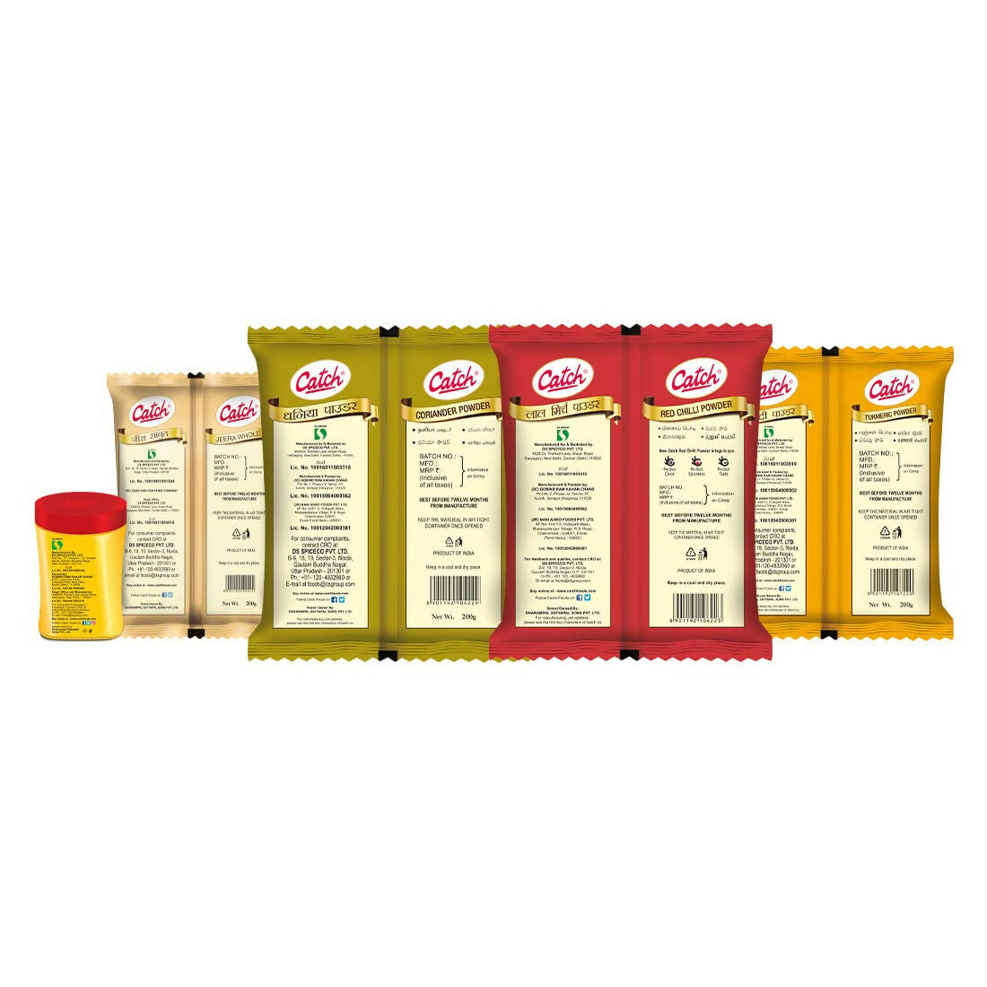 Catch Masala & Spices Combo Five Pack - Coriander Powder 200 gms + Turmeric Powder 200 gms + Red Chilli Powder 200 gms + Cumin Whole 200 gms + Hing 50 gms | Grocsy