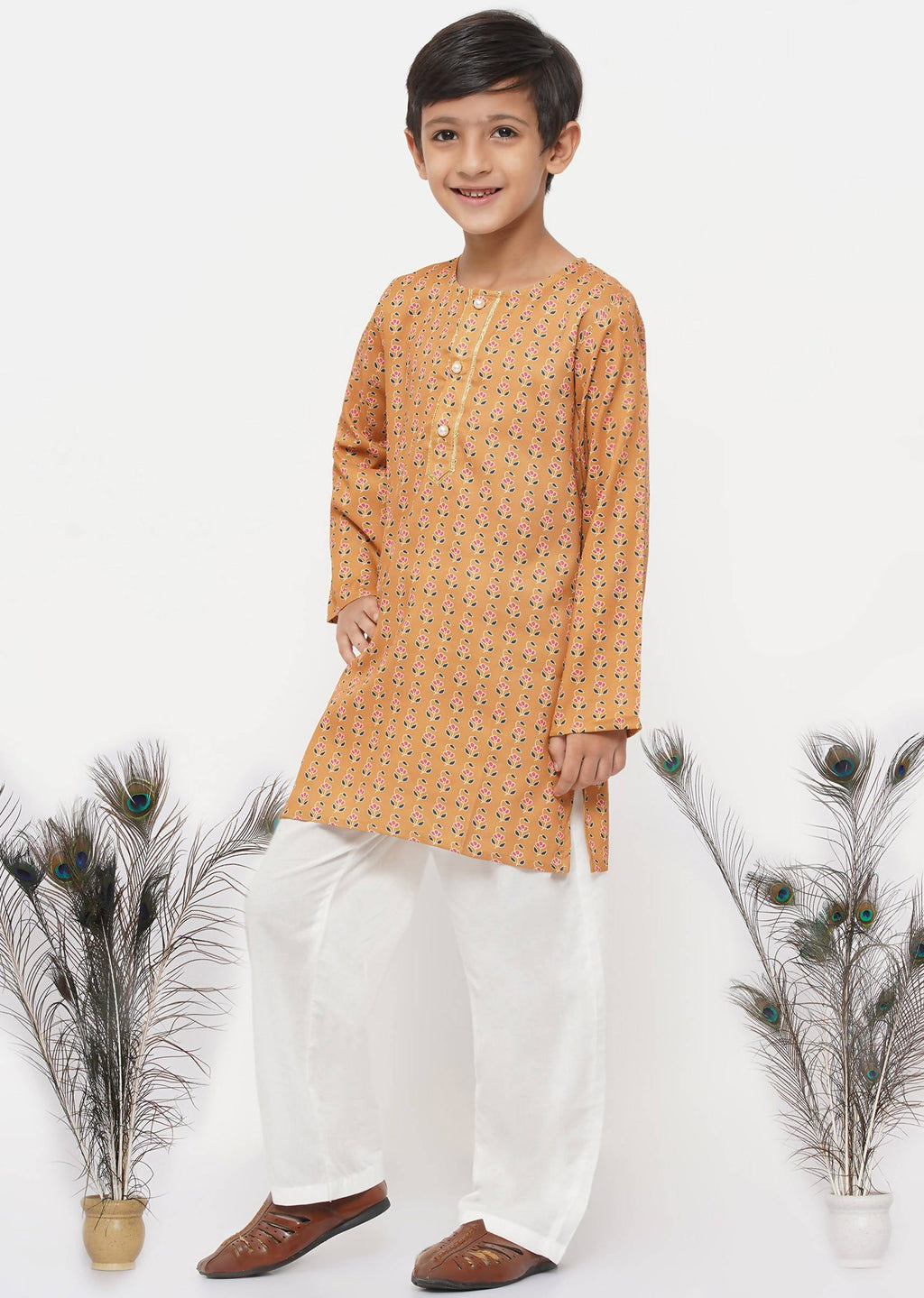 Little Bansi Boys Cotton Silk Floral Kurta with Pearl Buttons & Pyjama - Orange & Cream | Grocsy