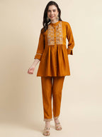 Mustard Chinon Floral Embroidered Top with Bottom - Maanushi | Grocsy