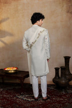Falling Raw Silk Off White Geometric Symphony Kurta Set By Hilo Design | Grocsy