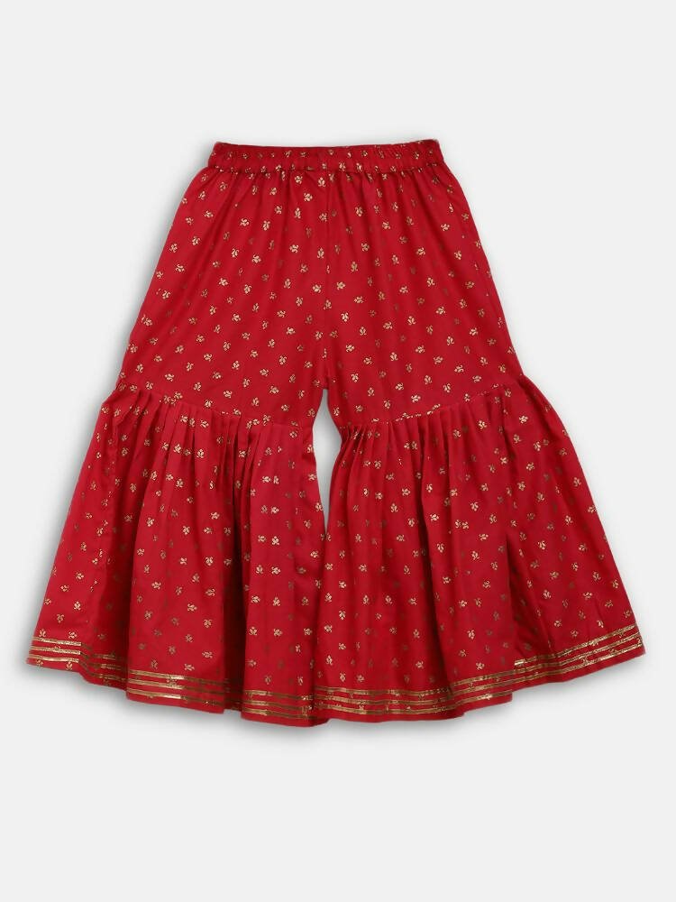 Ahalyaa Red Crepe Gold Printed Kids Kurta Sharara Set For Girls | Grocsy
