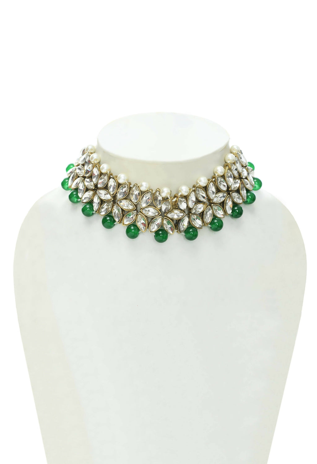 Mominos Fashion Johar Kamal Gold-Polished Rani Haar with Green and Off white Pearls Jewellery Set