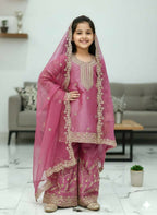 Teeya Creation New Kids Wedding Wear Heavy Embroidery Sequence Work Kurta Sharara Set-Pink | Grocsy