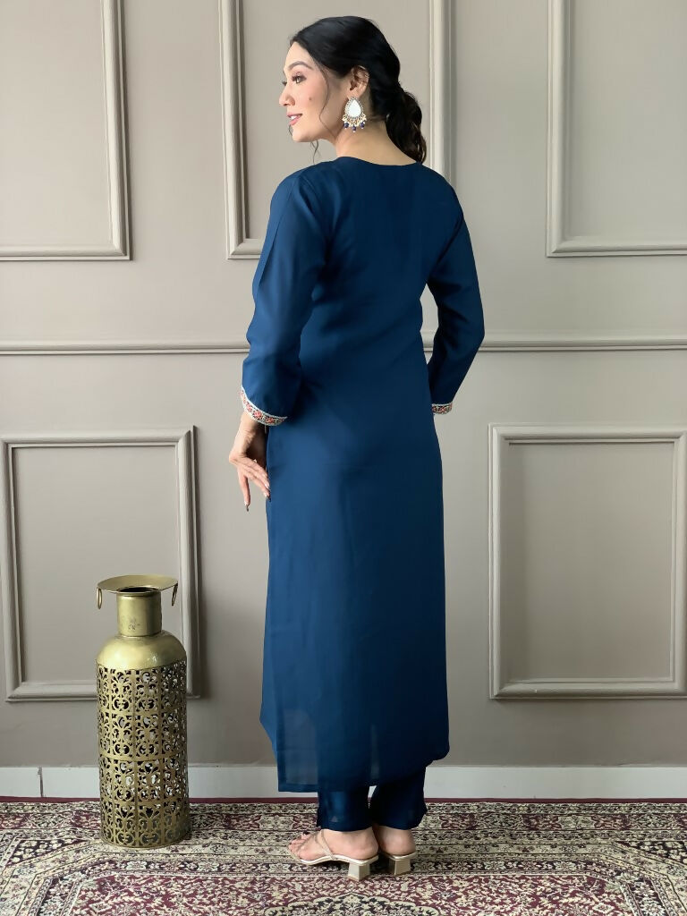 Blue Viscose Chanderi Stitched Suit With Dupatta - Tanisha | Grocsy