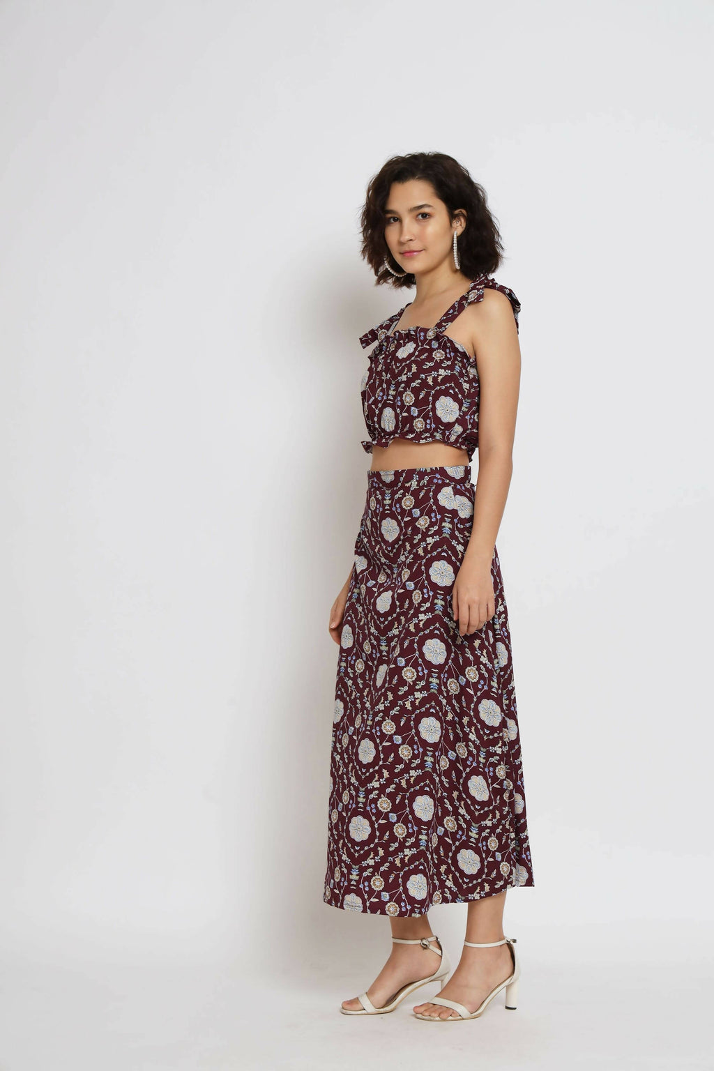 Wine Crepe Floral Printed Top with Matching Skirt - Shivani | Grocsy