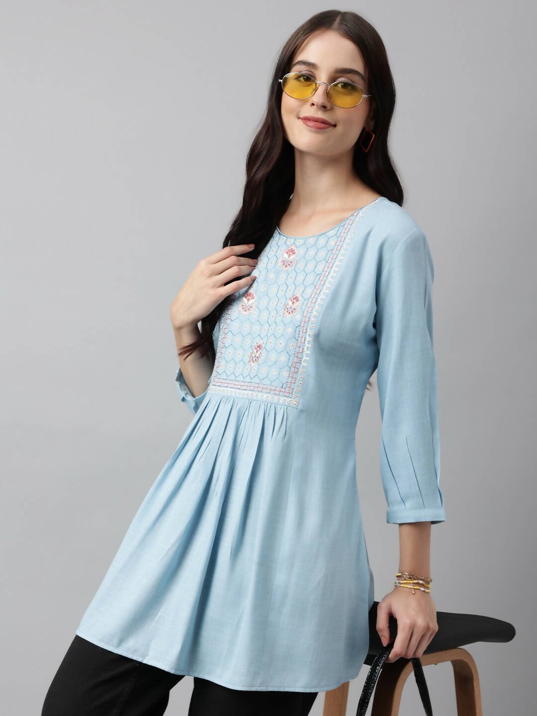 Light Blue Rayon Yoke Embroidered A-line Top - Tarini | Grocsy