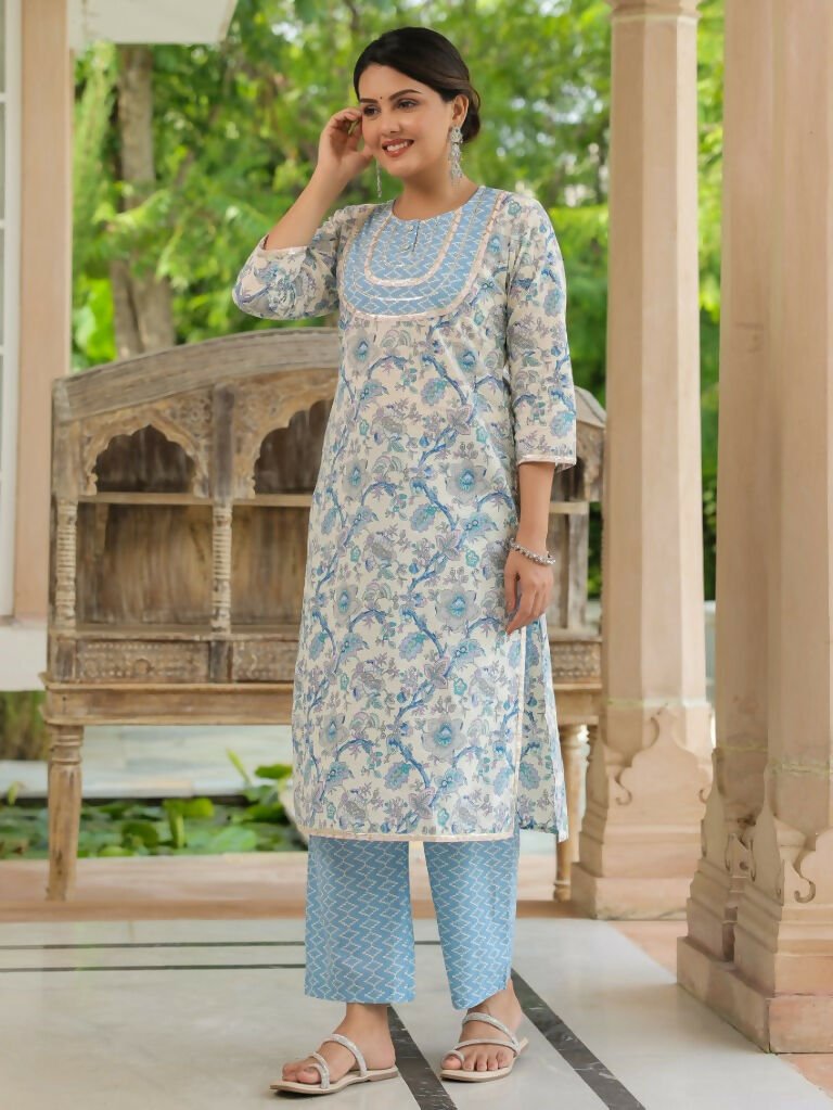 Aramya Straight Soft Cotton Floral Print Women's Kurta Set - Blue | Grocsy