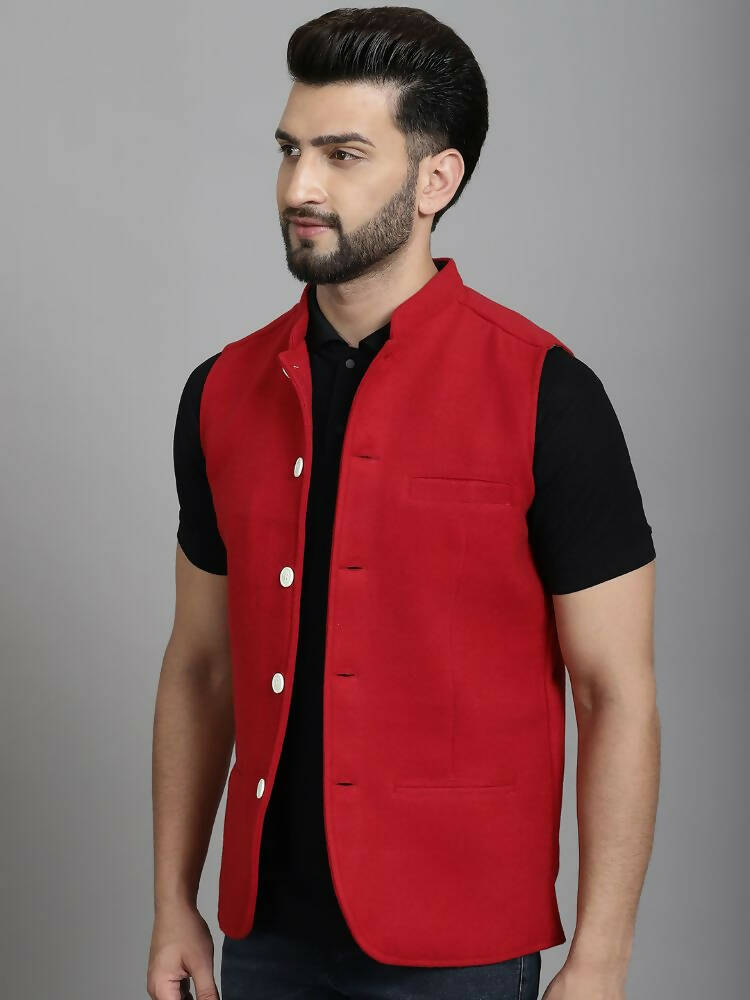 Even Apparels Nehru Jacket With Welt Pockets - Red | Grocsy
