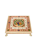 Golden Peacock Gold-Toned & Red Handcrafted Minakari Peacock Design Wooden Chowki | Grocsy