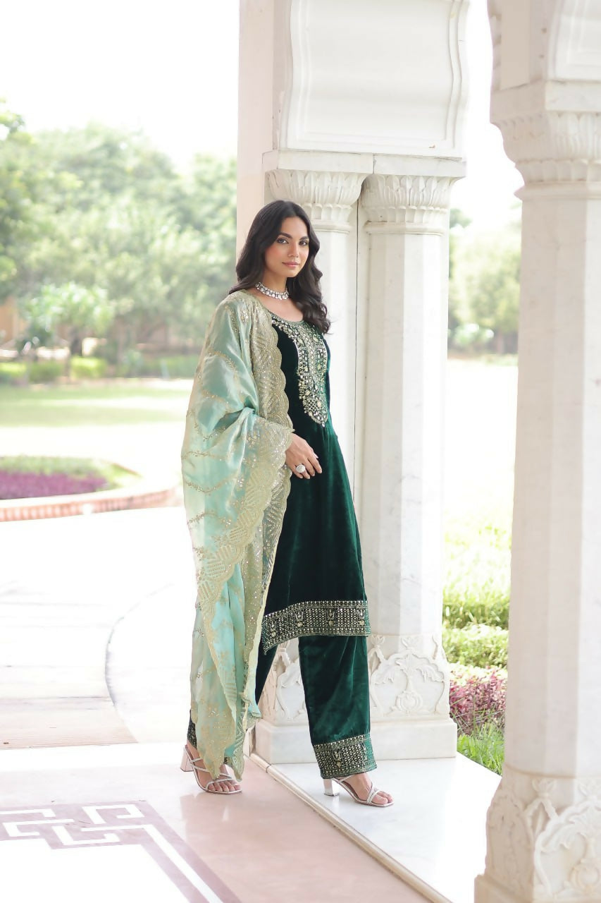 Vastranavya Green Velvet With Rich Sequins & Zari Embroidered Work Top-Bottom With Dupatta | Grocsy