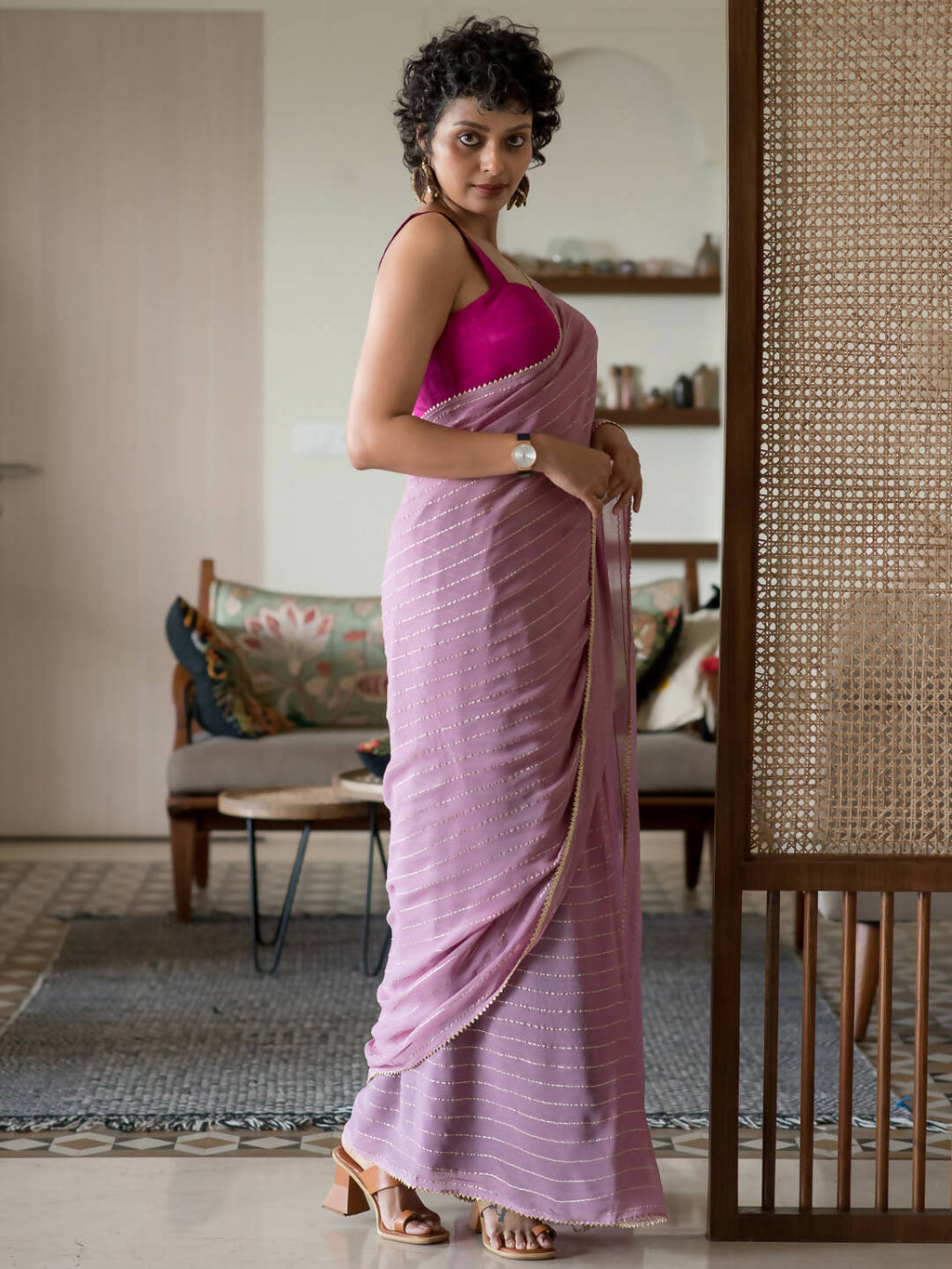 Suta Pink Striped Cotton Blend Saree | Grocsy