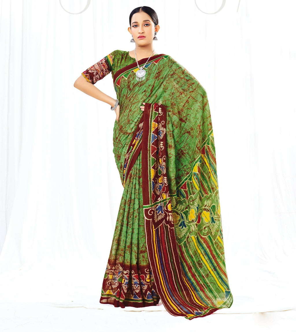 Dark Green Chanderi Cotton Floral Printed Saree With Unstitched Blouse Piece - Kathika | Grocsy