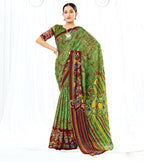Dark Green Chanderi Cotton Floral Printed Saree With Unstitched Blouse Piece - Kathika | Grocsy