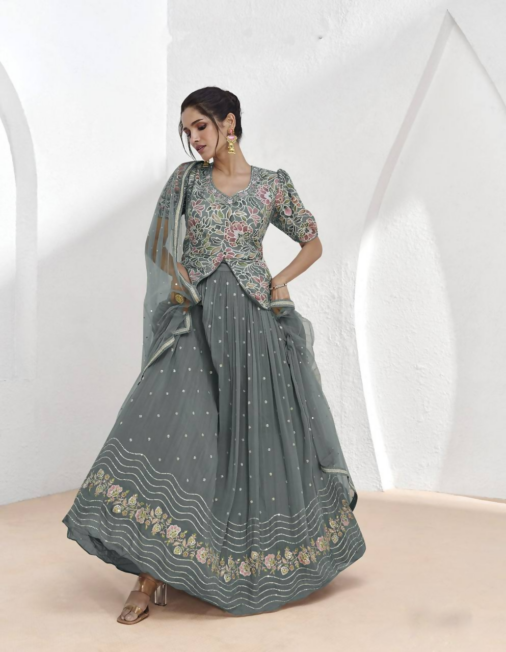 Lorenvalley Fashion Grey Faux Georgette Embroidery with Sequince Work Salwar Lehenga Stitched | Grocsy
