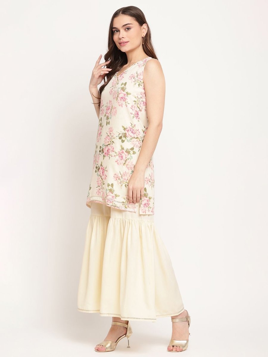 Ahalyaa Women's Beige Crepe Digital Floral Print Kurta Sharara Set with Dupatta | Grocsy