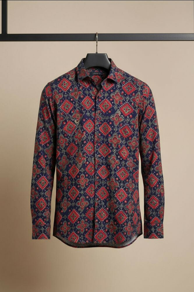 Durbar — Red Ajrakh Cotton Shirt by Hilo Design | Grocsy