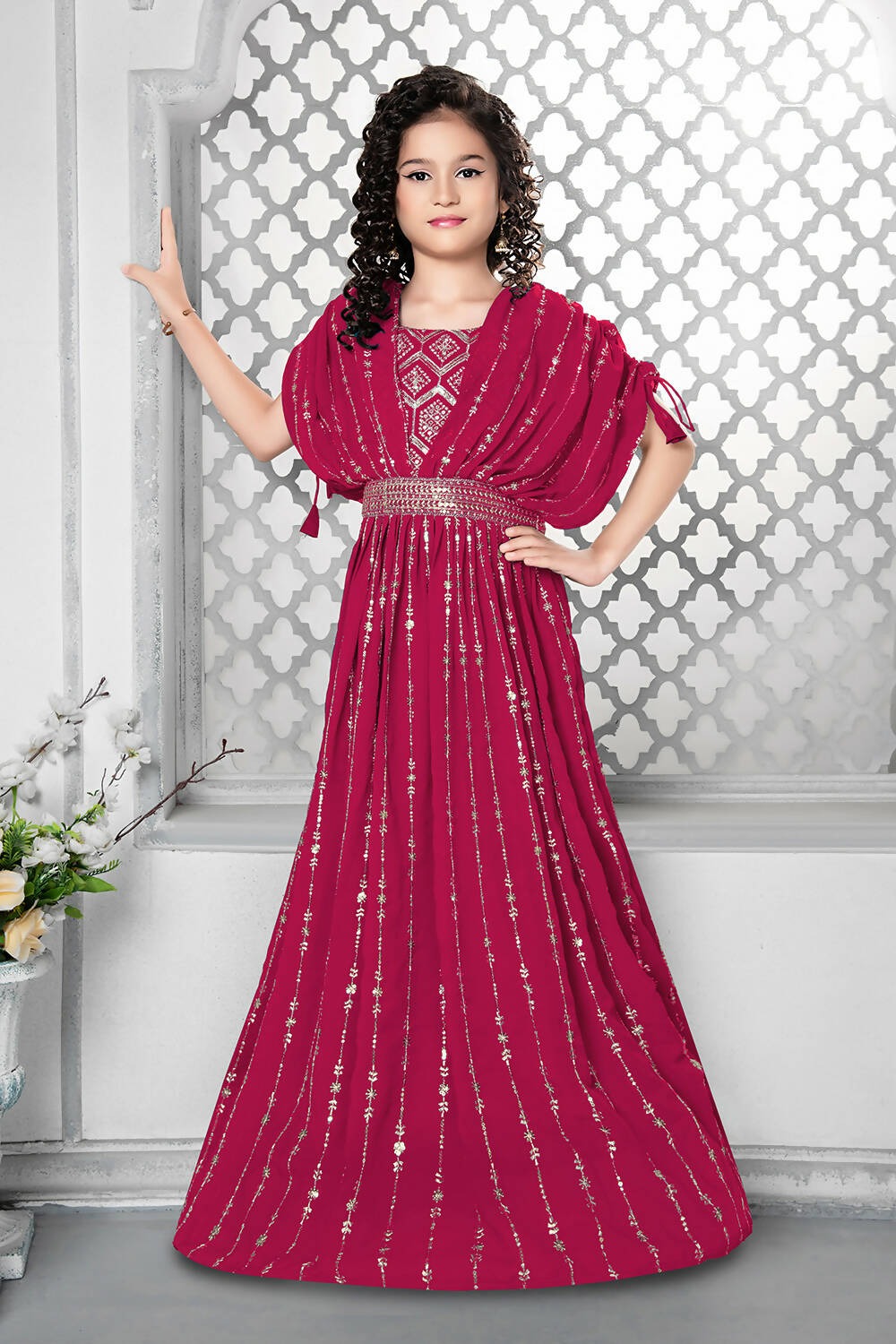 Kids Wedding Designer Pink Fox Georgette Gown - Aaradhna | Grocsy