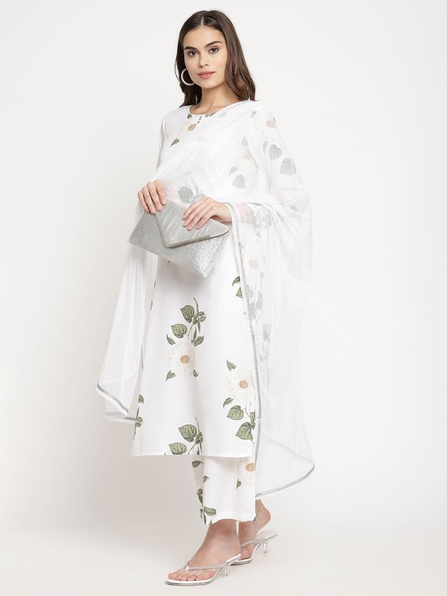 Ahalyaa Women's White Crepe Digital Print Kurta Palazzo Set With Dupatta | Grocsy